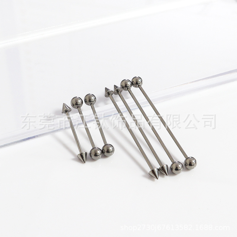 F136 Titanium Double Pointed Cone Round Ball Straight Barbell Tongue Nail Body Piercing Jewelry - G23 Titanium Alloy - Image 4