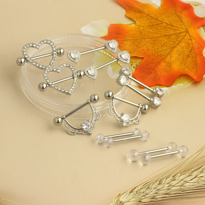 Amazon Hot Sale Stainless Steel Inlaid Zircon Breast Ring Straight Rod Love Tongue Nail Body Piercing Jewelry 12-Piece Set - Image 2