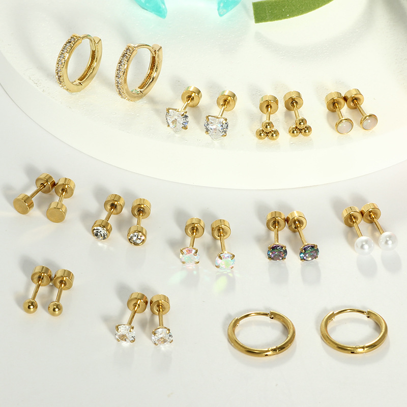 12 Pairs Stainless Steel Casual Zircon Stud Earrings Set Round Earrings for Women Men - Image 3
