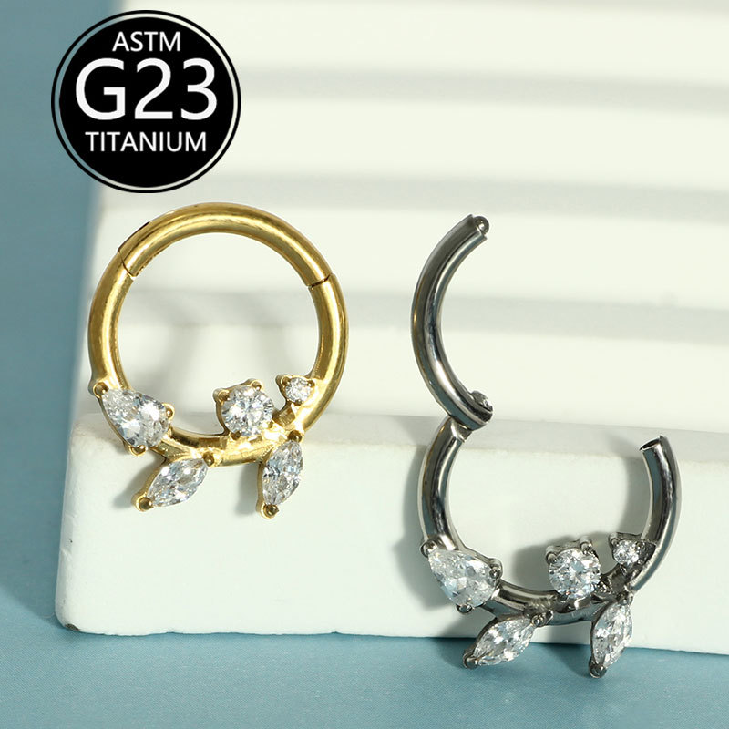 G23 Titanium ASTM F136 Zircon Leaf Shape Nose Ring Septum Hoop Ear Bone Piercing Jewelry - Image 2