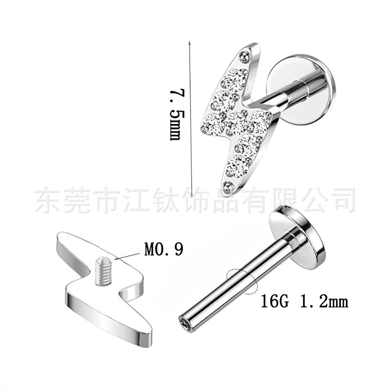 F136 Titanium Lightning Inlaid Zircon Stud Earring - G23 Titanium Alloy Body Piercing Jewelry - Image 2