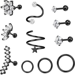 Rose Gold Ear Earring Helix Star CZ Stud Ear Piercing Jewelry 11 Piece Set