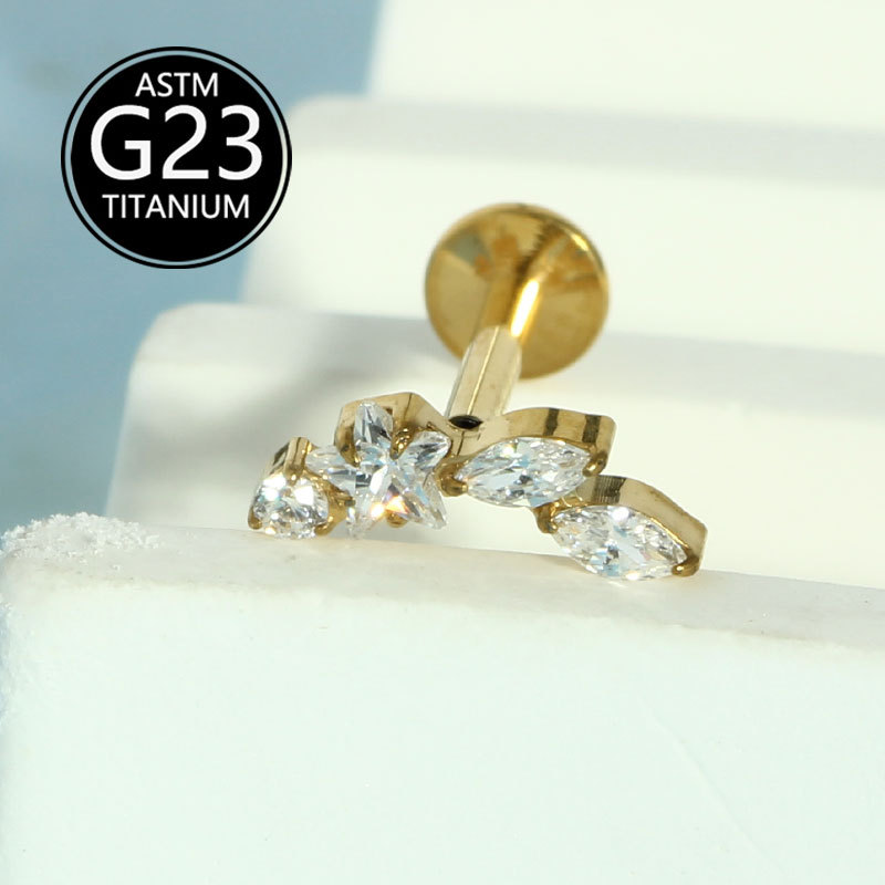 16G G23 Titanium Inlaid Zirconia Star Flat Bottom Internally Threaded Labret Ear Cartilage Lip Piercing Earrings - Image 4
