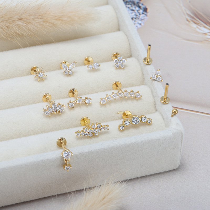 Stainless Steel + Copper Zircon Internal Thread Lip Piercing 16G Moon Cartilage Earring - Image 4
