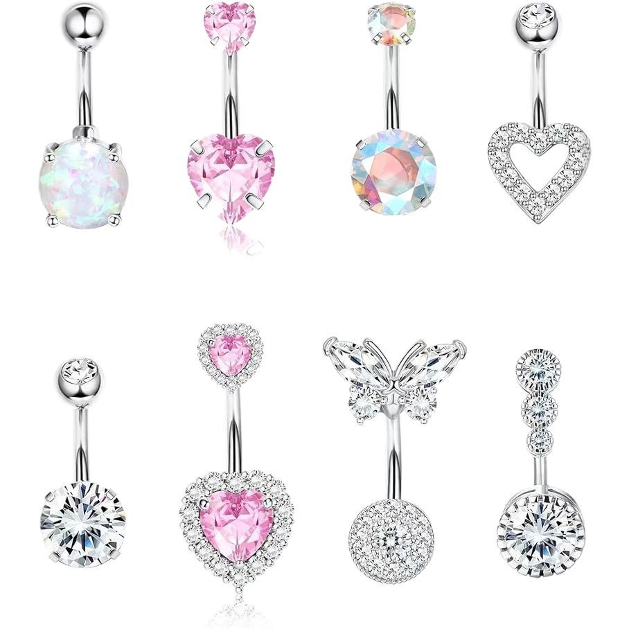 Heart-Shaped Belly Ring Set – 8-Piece 316L Surgical Steel CZ Belly Button Rings for Women - Image 5