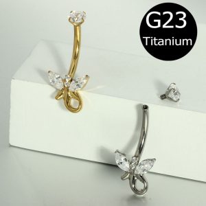 Phoenix Tail Butterfly CZ Marquise Navel Ring - 14G Inner Thread Titanium Belly Button Jewelry
