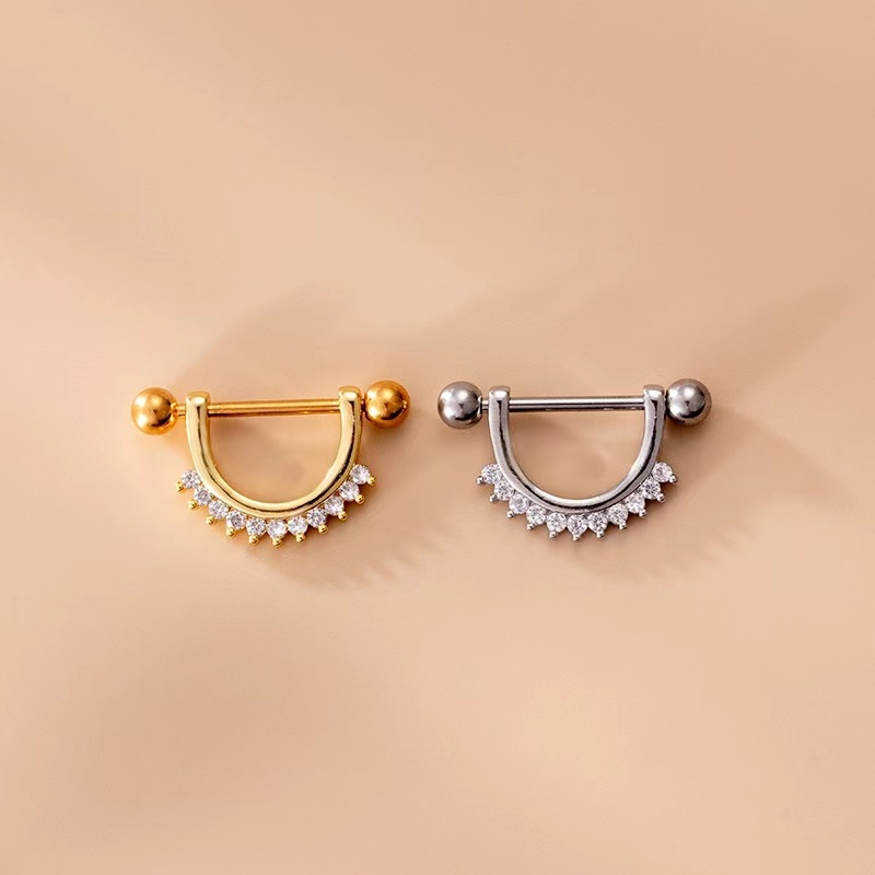 Gold U-Shaped Stainless Steel Nipple Ring with Zircon for Body Piercing Nail Art - Image 2