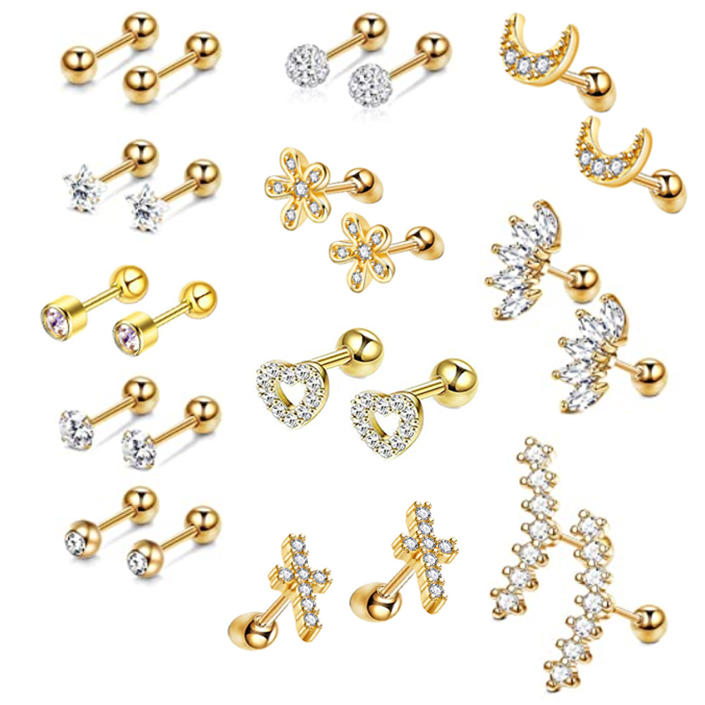 Amazon Zircon Threaded Earrings Stainless Steel Piercing Ear Bone Nail Set Cartilage Earrings Set - Image 2