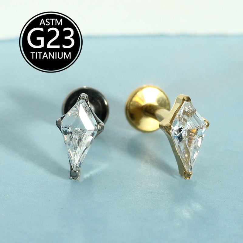 G23 Titanium Alloy Rhombus Threaded Zircon Earrings Lip Stud Earrings Cross Border Body Piercing Jewelry - Image 3