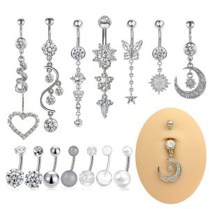 Heart Zircon Belly Button Ring 316L Surgical Steel Piercing Jewelry Set of 14