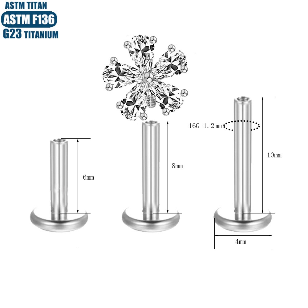 F136 Titanium Alloy Five-Leaf Clover Zircon Lip Ring Internally Threaded Tragus Earring Lip Stud - Image 4