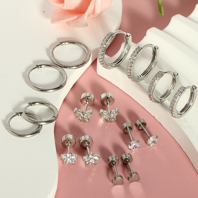 16-Piece Stainless Steel Zircon Ear Bone Nails Set - Simple Geometric Flower Earrings for Men and Women - Image 3