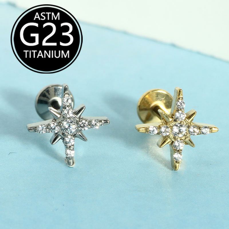F136 Titanium Star Lip Stud Ear Stud with White Zircon, 1.2x10mm - Image 5