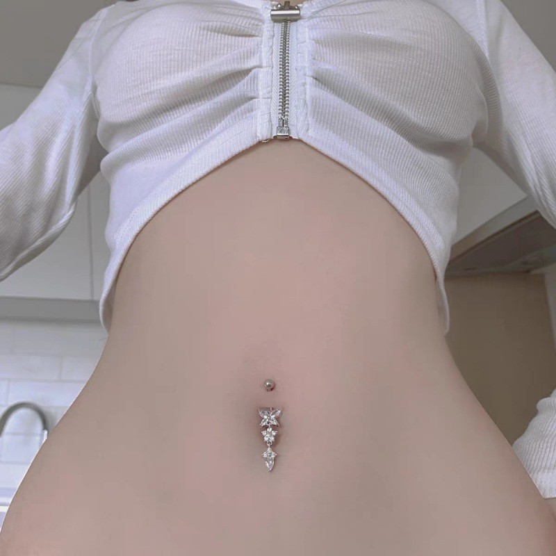 Butterfly Flower Water Drop Zircon Pendant Navel Ring Belly Button Ring Gold Copper Body Piercing Jewelry - Image 5