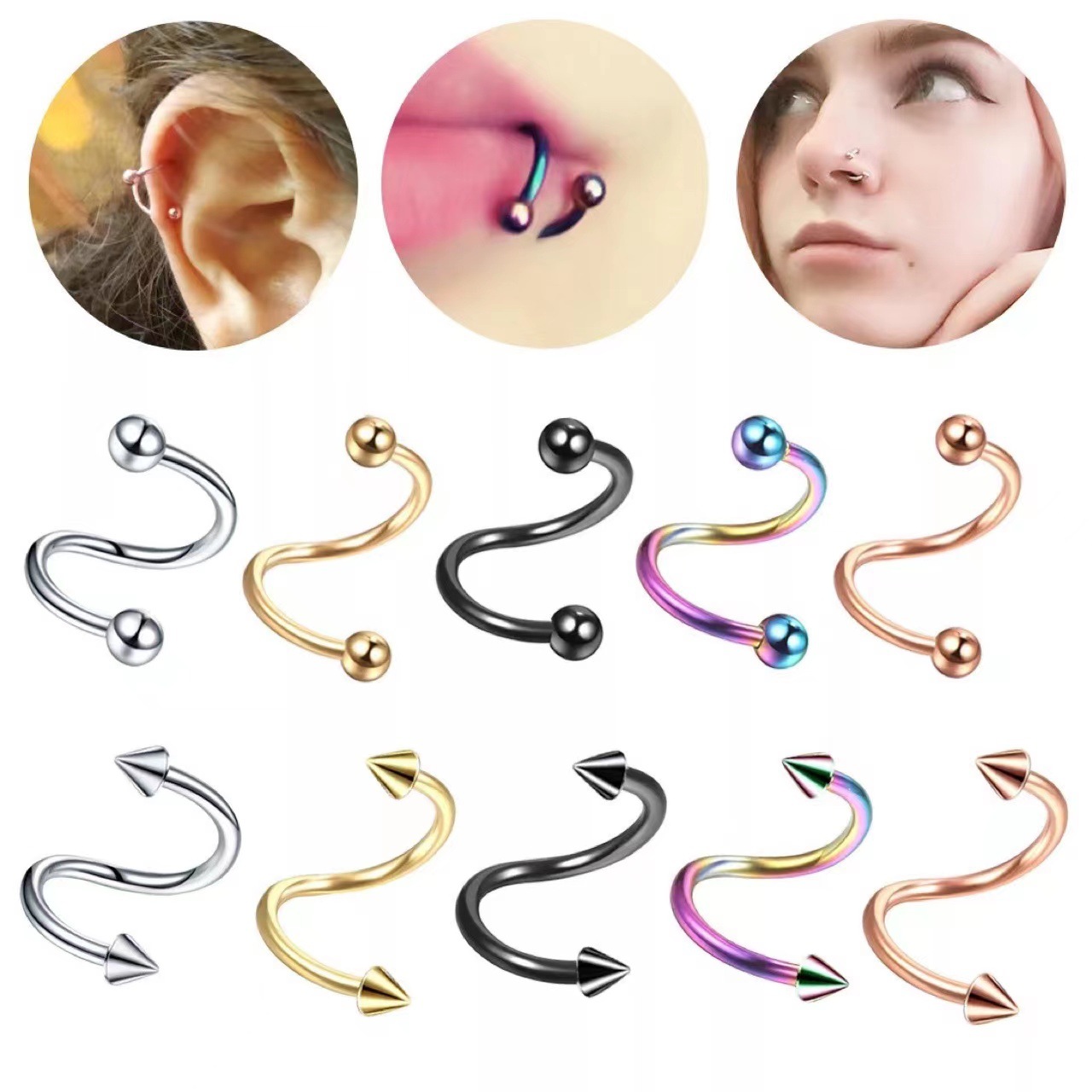 G23 Titanium Nose Ring S-Shaped Nose Stud Round Ball Pointed Cone Earring Body Piercing Jewelry - Image 2