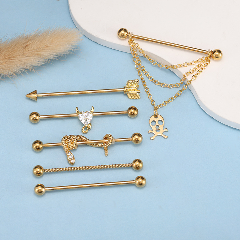Industrial Ear Studs Set Six-Piece Stainless Steel Ghost Head Heart Snake Piercing Jewelry - Image 4