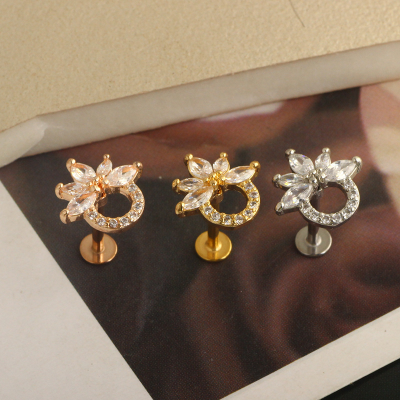 Stainless Steel Leaf Motif Lip Ring Labret Stud Ear Jewelry Rose Gold 6mm - Image 3