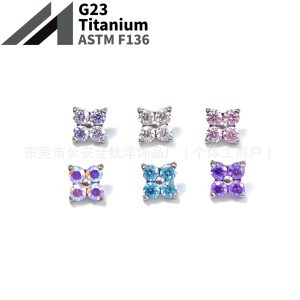 F136 Titanium Four-Leaf Clover Inlaid with 5A Zircon Lip Nail Earrings Ear Bone Nail G23 Titanium Alloy Ear Bone Piercing Jewelry