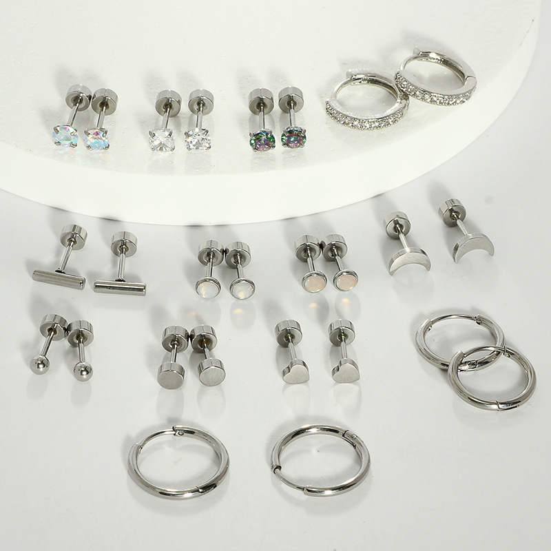 Amazon Best Selling 26Pcs 316L Stainless Steel Round CZ Earring Set Fashion Jewelry Wholesale - Image 3