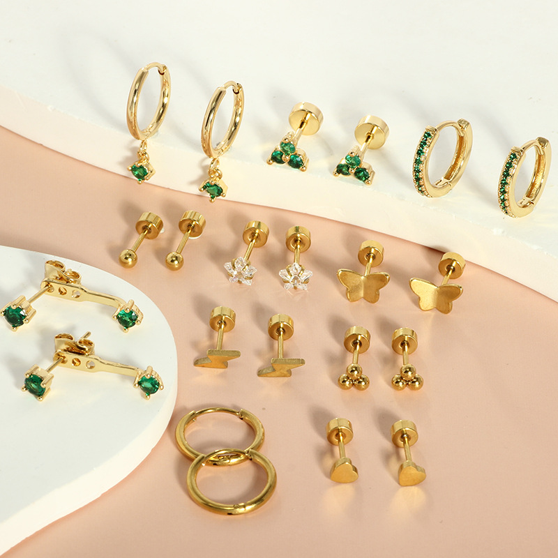 Moon & Star Green Zircon Earrings Stainless Steel Real Gold Plated Fashion Cartilage Stud Ear Bone Nails - Image 4