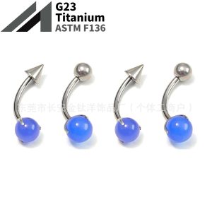 F136 Titanium Internally Threaded Three-Claw Blue Agate Pointed Cone Ball Navel Ring G23 Titanium Piercing Jewelry