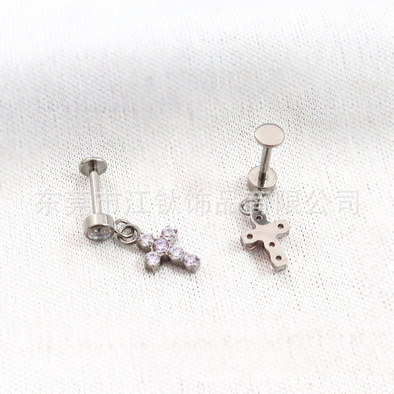 F136 Titanium Stud Earring Cylindrical Cross Pendant Inlaid 5A Zircon G23 Titanium Alloy Body Piercing Ear Bone Stud - Image 4