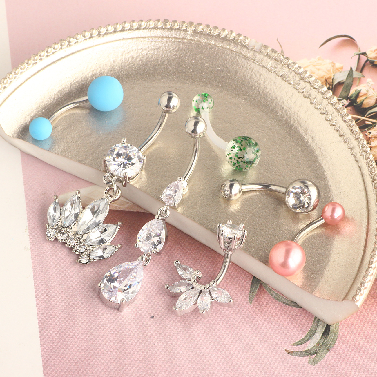 Best Selling 7-Piece Navel Ring Set - 316L Surgical Steel Copper Inlaid Zircon Belly Button Rings for Women and Men - Image 4