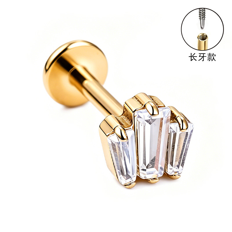 F136 Titanium Alloy Ear Studs – Finely Carved Long Tooth Ear Bone Studs with Zirconia, G23 Titanium Body Piercing Jewelry in Gold - Image 5