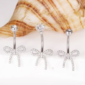 Love Bow Zircon Stainless Steel Navel Ring Heart Body Piercing Jewelry