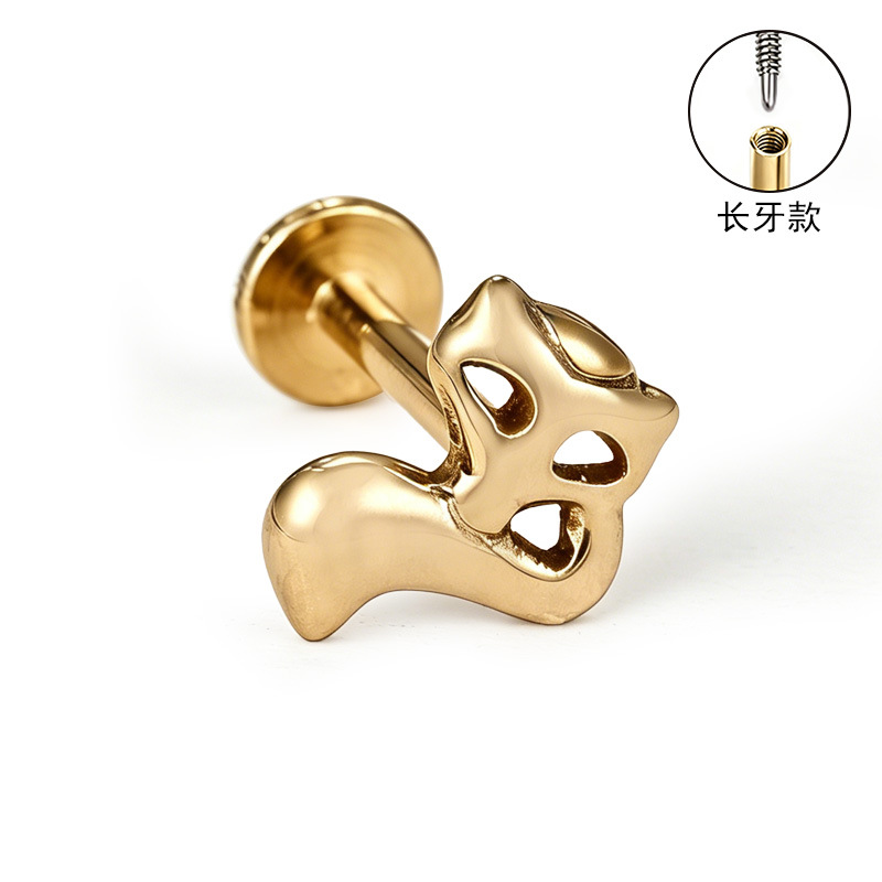 F136 Titanium Alloy Long Tooth Ear Studs, Carved Ear Bone Studs with Zircon, G23 Titanium Body Piercing Jewelry - Image 3