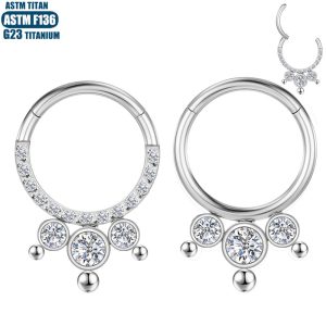 G23 Titanium Nose Ring Zircon Cluster Beads Seamless Open Ring Earrings Nose Piercing Septum Ring