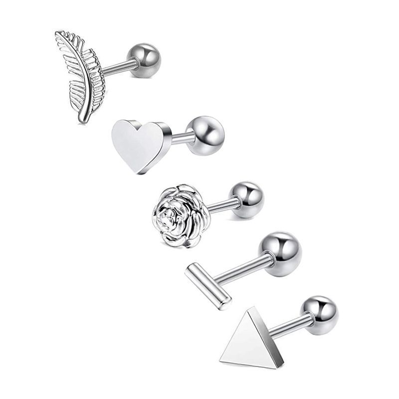 5-Piece Geometric Stainless Steel Zircon Earrings Set - Silver Twisted Studs for Women Men - Image 3