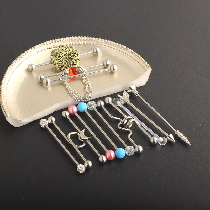 Industrial Barbell Earring Set Stainless Steel Heart Dangle Ear Studs Double Ear Holes Earrings Kit 14 Pieces Vintage Retro Style - Image 3