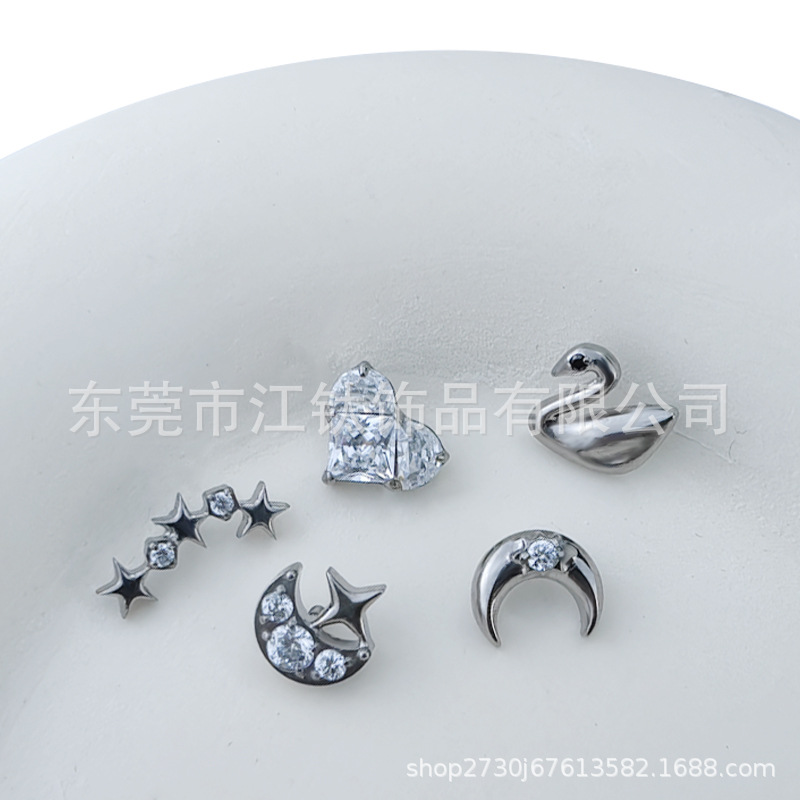 G23 Titanium Alloy Body Piercing Earrings - Star Moon Heart Design with Swan Motif - Gold CZ Ear Stud - Image 2