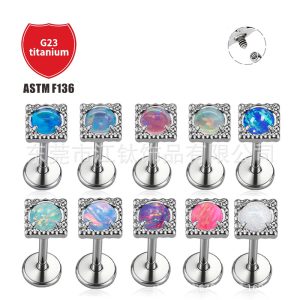 ASTM F136 Titanium Ear Cartilage Stud with Square Opal Inlay - Body Piercing Earring