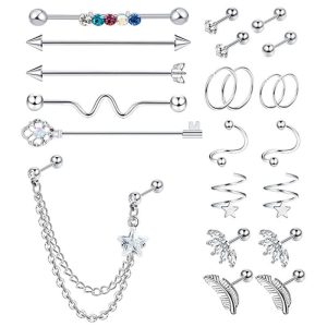 22 Piece Zircon Star Stud Earrings Set Stainless Steel Piercing Ear Bone Nails Industrial Earrings