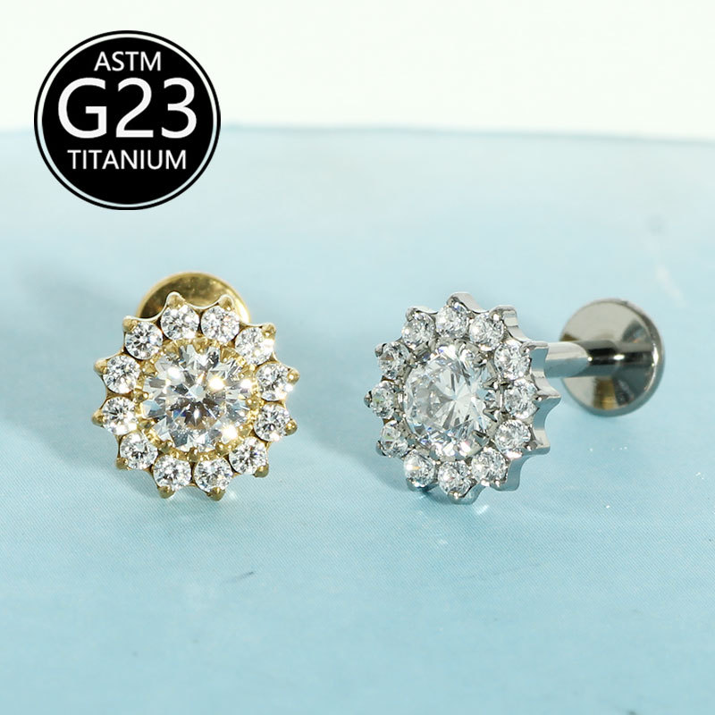 G23 Titanium F136 Zircon Flower Earrings Lip Nails Ear Bone Nails Body Piercing Jewelry - Image 2