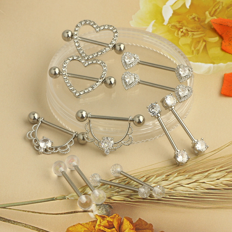Amazon Hot Sale Stainless Steel Inlaid Zircon Breast Ring Straight Rod Love Tongue Nail Body Piercing Jewelry 12-Piece Set - Image 5