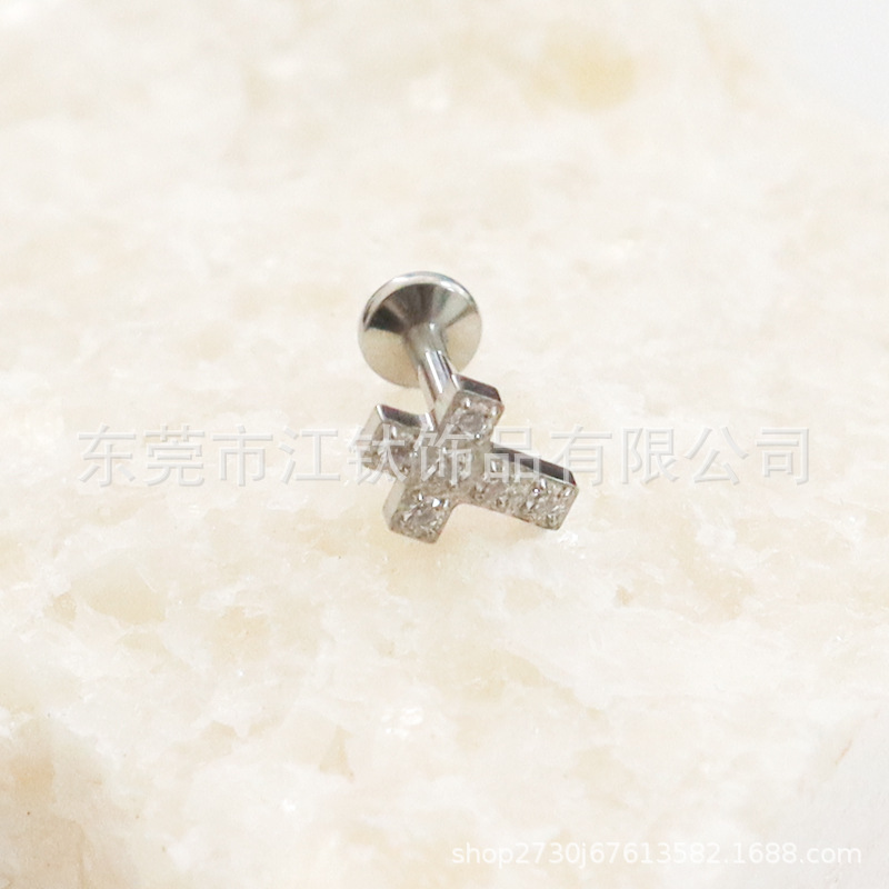 G23 Titanium Cross Inlaid 5A Zircon Ear Studs Lip Nail Body Piercing Jewelry Earrings - Image 3