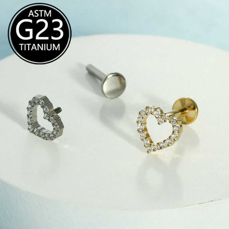 1.2mm Thick F136 Titanium Lip Stud with Fashionable Zircon Heart-Shaped Ear Bone Stud, G23 Titanium Body Piercing Jewelry - Image 4
