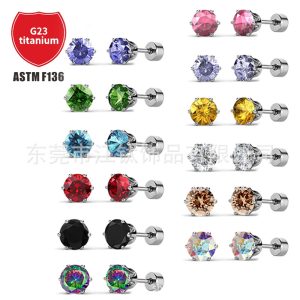 F136 Titanium Earrings 5A Round Zircon Cartilage Stud G23 Titanium Body Piercing Jewelry