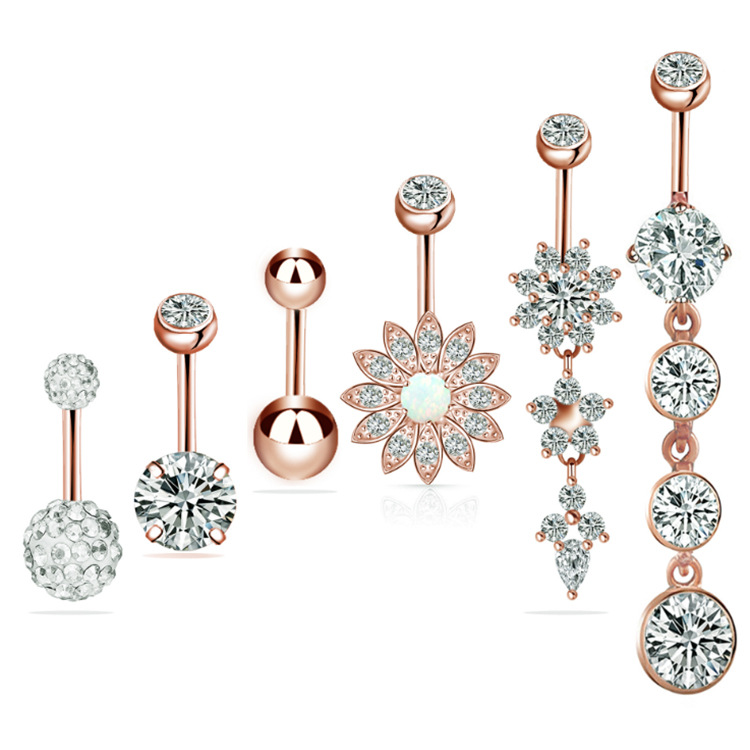 6-Piece Stainless Steel Zircon Diamond Navel Ring Set with Opal & CZ - Gold Plated Belly Button Jewelry - Image 2