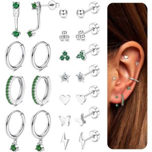 Moon & Star Green Zircon Earrings Stainless Steel Real Gold Plated Fashion Cartilage Stud Ear Bone Nails
