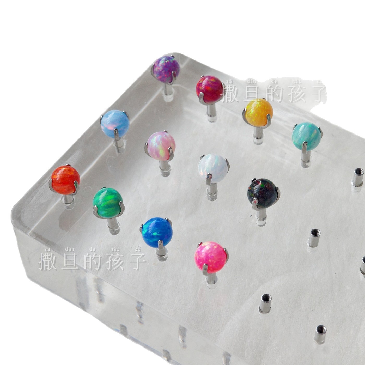F136 Titanium Alloy Tongue Piercing, Double Opal Titanium Alloy Internally Threaded Tongue Barbell, Three Prong Opal Ball Tongue Ring - Image 5