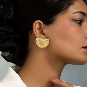 18K Gold Heart Hollow Earrings, Stainless Steel Line Texture Earrings for Women