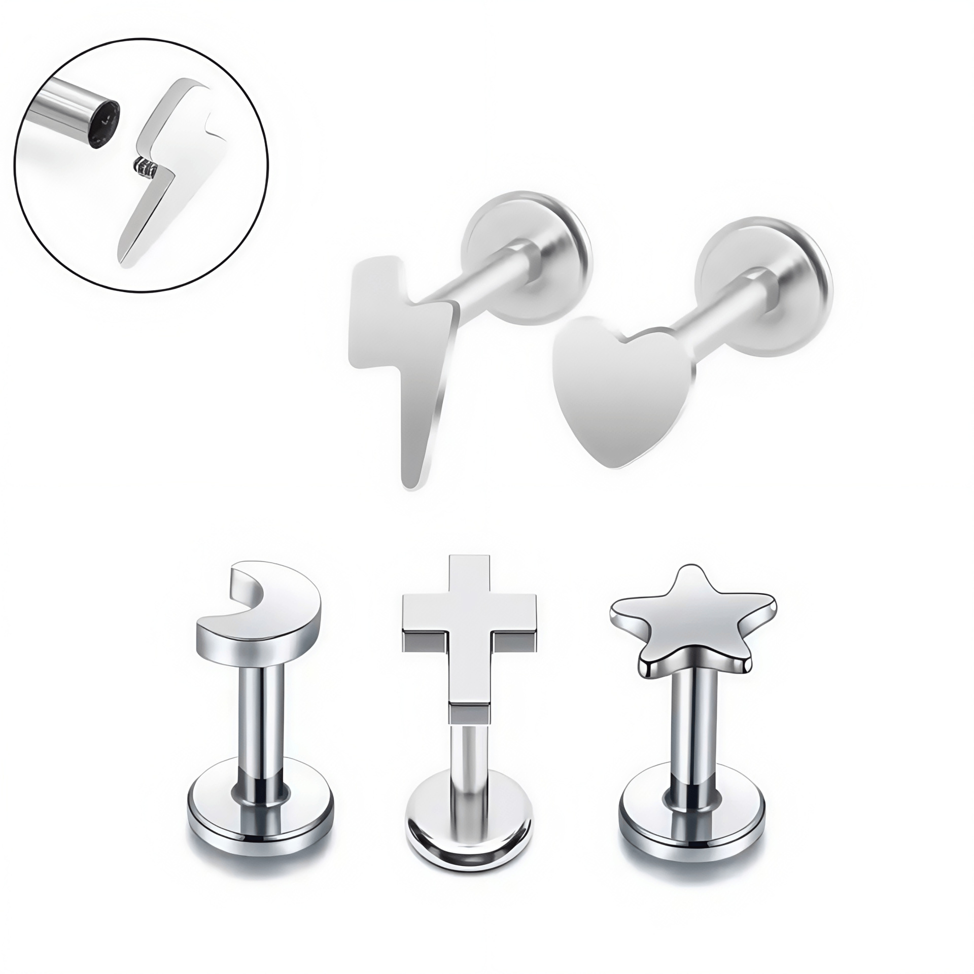F136 Titanium Internally Threaded Star Heart Moon Lightning Cross Lip Stud Ear Bone Stud - G23 Titanium Alloy Piercing Jewelry - Image 5