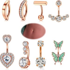 8-Piece Rose Gold CZ Navel Ring Set Stainless Steel Body Piercing Jewelry Navel Belly Button Rings
