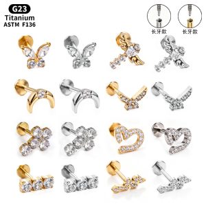 F136 Titanium Alloy Ear Studs Carved Long Tooth Ear Bone Studs Zirconia Lip Studs G23 Titanium Body Piercing Jewelry
