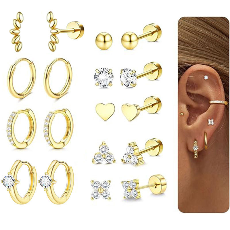 18-Piece Stainless Steel Earring Set Butterfly Geometric Earrings For Women Men Fashion Commuter Style Silver With White Zircon - Image 5