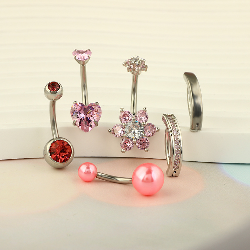 Stainless Steel Belly Button Ring Set Micro-Set Zircon Navel Studs 6-Pack Geometric Flower Jewelry - Image 2
